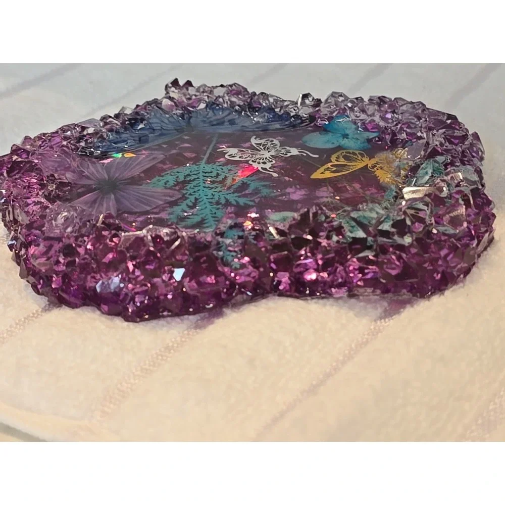 Handmade Resin Crystal Edge Trinket‎ Holder Purple With Butterflies  778